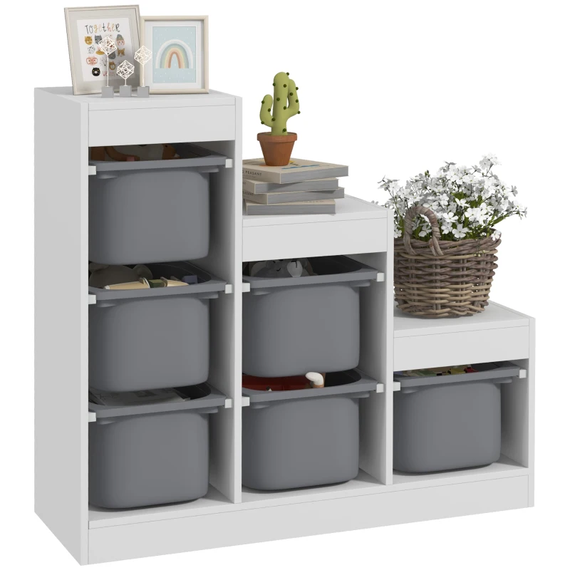 Qaba 3 Layers Toy Storage Organizer Kids Bookshelf Children Toy Storage w/ 6 Plastic Bins, Grey