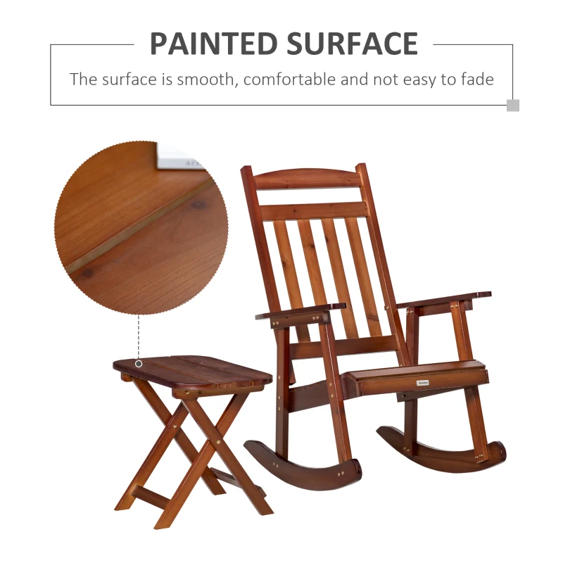 Outsunny 2 Pieces Wood Patio Bistro Set, Outdoor Rocking Chair Set with Armrests and High Back Rocking Chair and Portable Side Table, for Indoor, Outdoor, Patio, Backyard, Brown