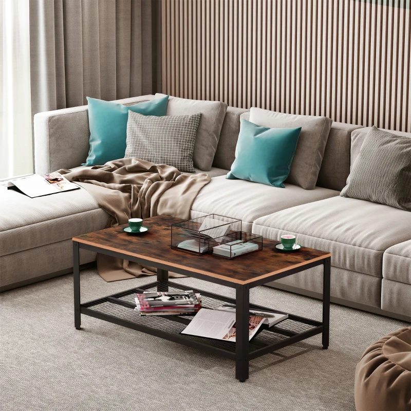 HOMCOM Industrial Coffee Table with Storage Shelf, Center Table with Metal Frame for Living Room, Rustic Brown