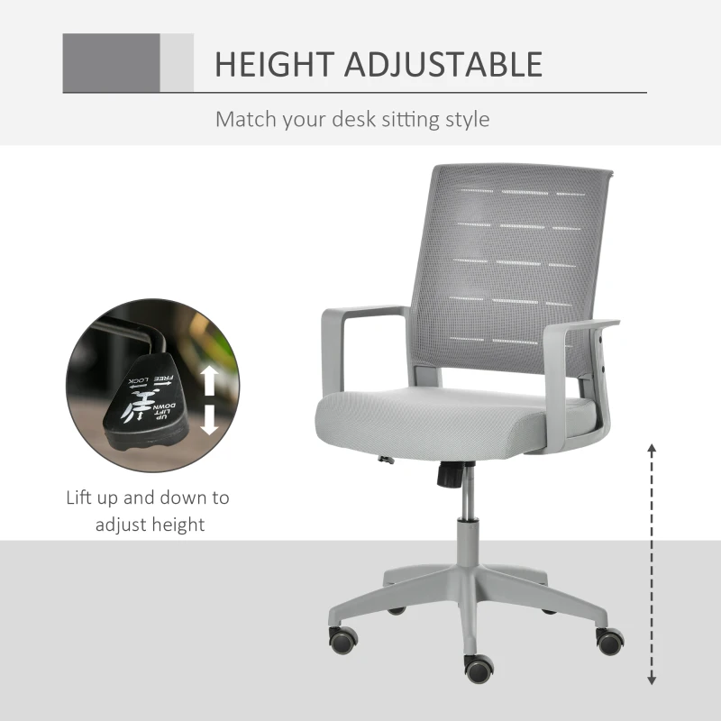 Vinsetto Mid-Back Home Office Chair, Task Computer Desk Chair with Lumbar Support and Adjustable Height, Grey
