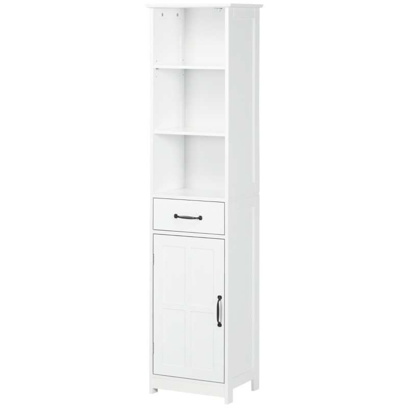 kleankin Modern Bathroom Cabinet, Narrow Storage Cabinet with 3 Open Shelves, Drawer, Recessed Door and Adjustable Shelf, White