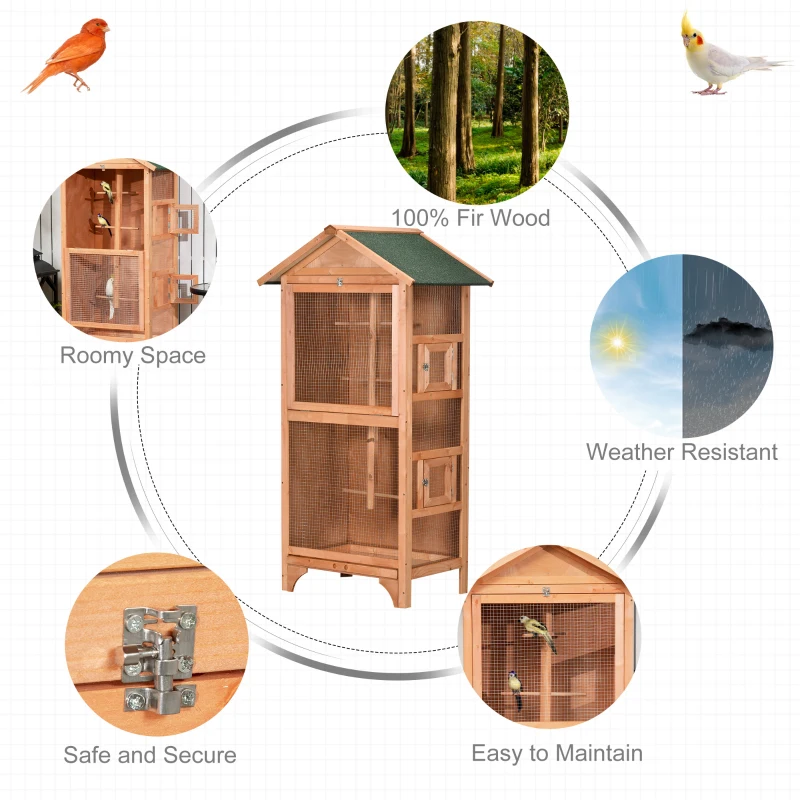 PawHut Wooden Bird Aviary Parrot Cage Pet Furniture with Removable Bottom Tray, 2 Doors, Asphalt Roof, 4 Perches, Orange