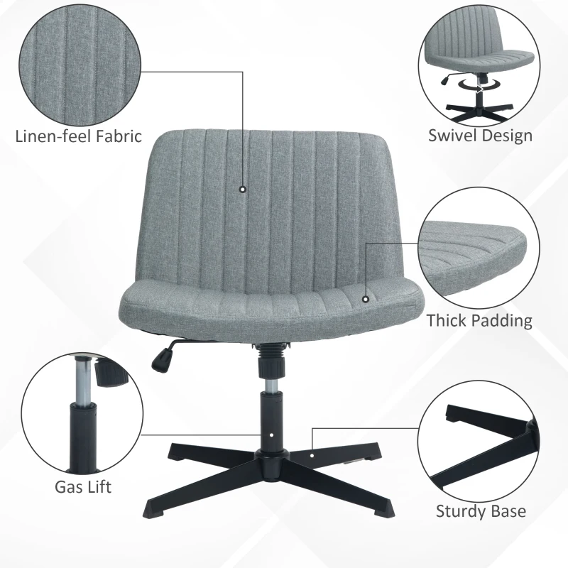 HOMCOM Criss Cross Chair, Wide Armless Office Chair, Fabric Computer Desk Chair with Adjustable Height, Gray