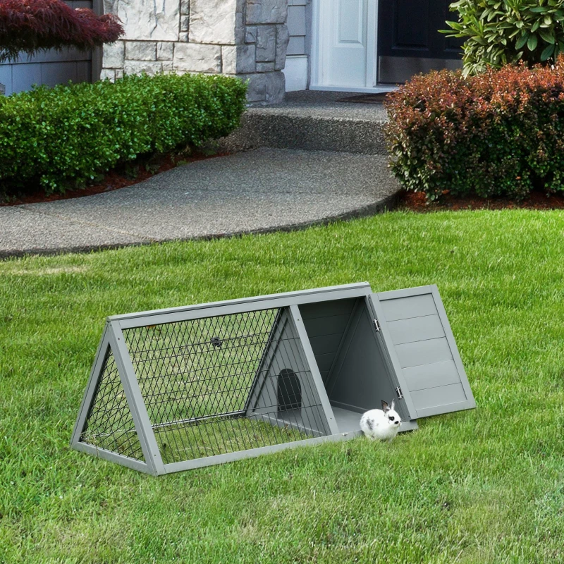 PawHut 46" x 24" Wooden A-Frame Outdoor Rabbit Hutch, Small Animal Cage, Bunny Hutch with Outside Run & Ventilating Wire, for Rabbits, Chickens, Ducks, Gray