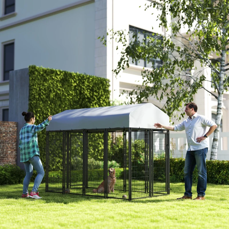 PawHut Outdoor Dog Kennel with Two-Room Design, Water-Resistant & Sun-Proof Cover, for S, M, L Dogs, 8' x 4' x 6'