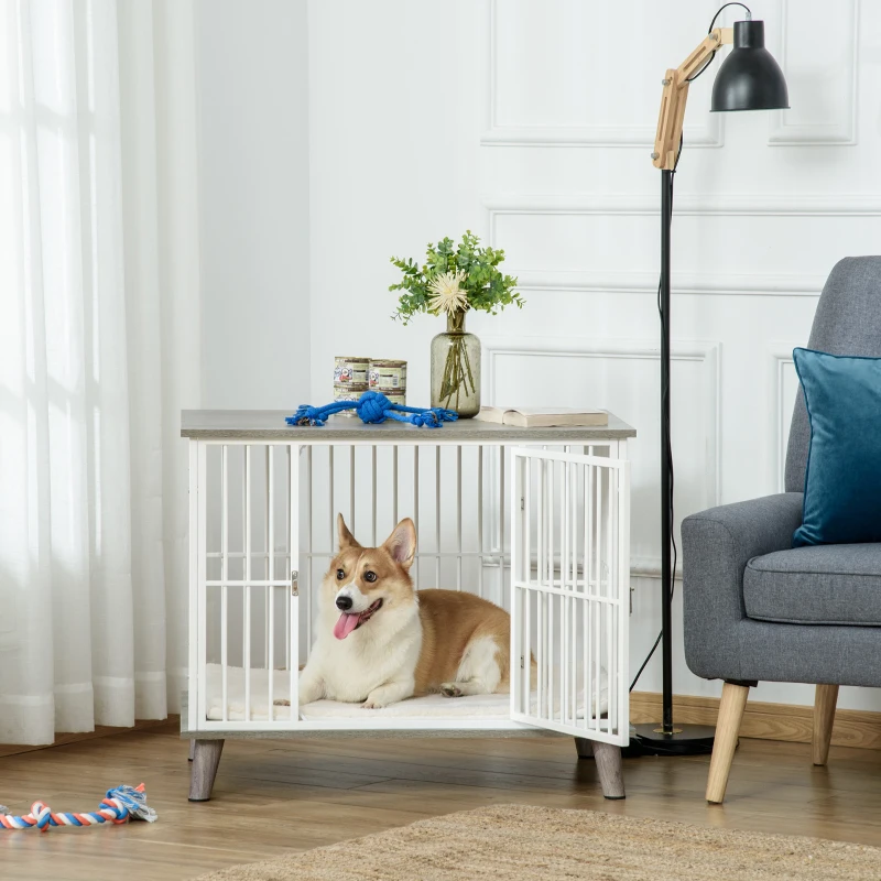 PawHut Dog Crate, Furniture Style Pet Cage Kennel, End Table, Decorative Dog House, with Soft Cushion, Wooden Top, Door, for Small & Medium Dogs, Indoor Use, Grey