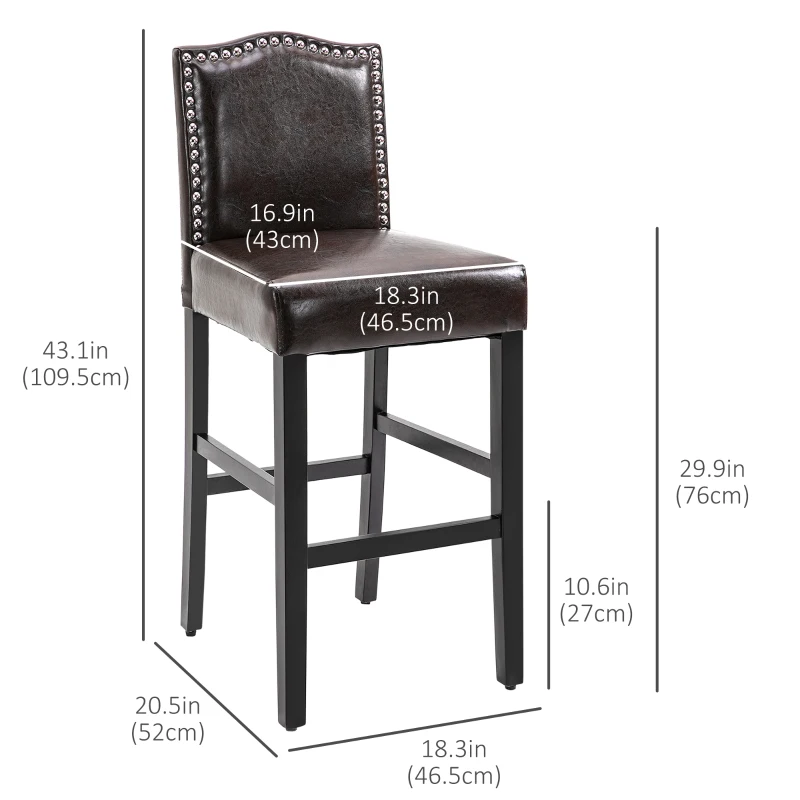 HOMCOM 2 Pieces Retro Style Bar Stools Tall Chair with Back  Footrest for Home Pub