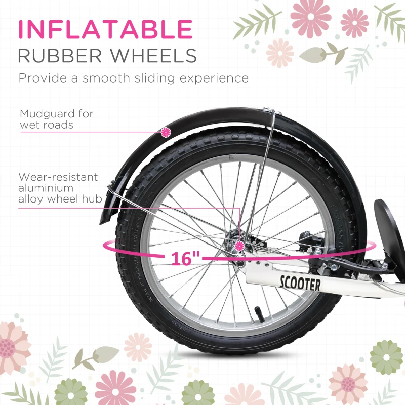 Aosom Kick Scooter with Adjustable Handlebar, Kids Scooter with 2 Brakes Basket Cupholder 16" Inflatable Rubber Tyres Pink