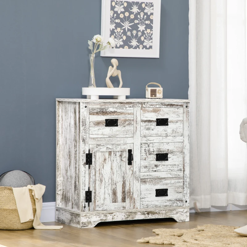 HOMCOM Industrial Sideboard Buffet Cabinet, Kitchen Cabinet with 4 Drawers, 1 Door, Adjustable Shelf Coffee Bar Cabinet, Distressed White