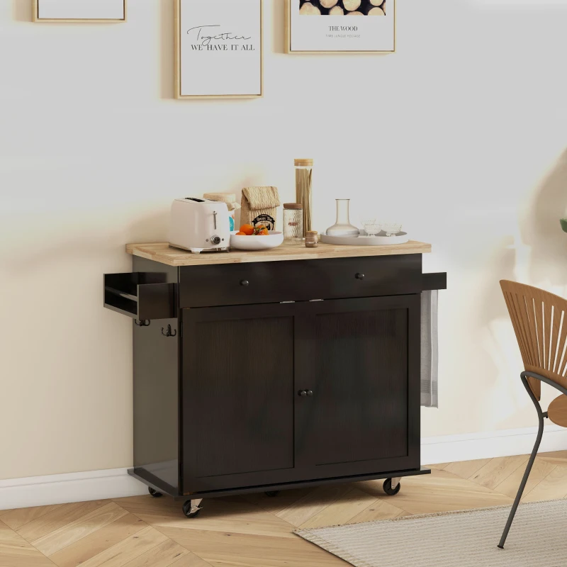 HOMCOM Farmhouse Rolling Island with Wheels for Kitchen, Wood Breakfast Bar Kitchen Island on Rollers, Drawer and Doors, Black