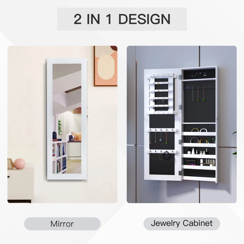 HOMCOM White Mirrored Jewellery Cabinet Hanging Wall Mount Real Glass Mirror Locked, White