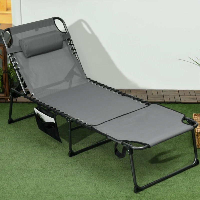 Outsunny Folding Chaise Tanning Lounge Chair w/ 5-level Reclining Back, Reading Hole, Side Pocket, Headrest, Gray