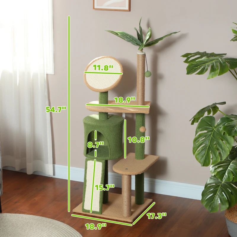 PawHut 55-Inch Cat Tree for Indoor Cat with Green Leaves, Scratching Posts, Cat Condo, Scratching Pad, Ramp, Dangling Balls
