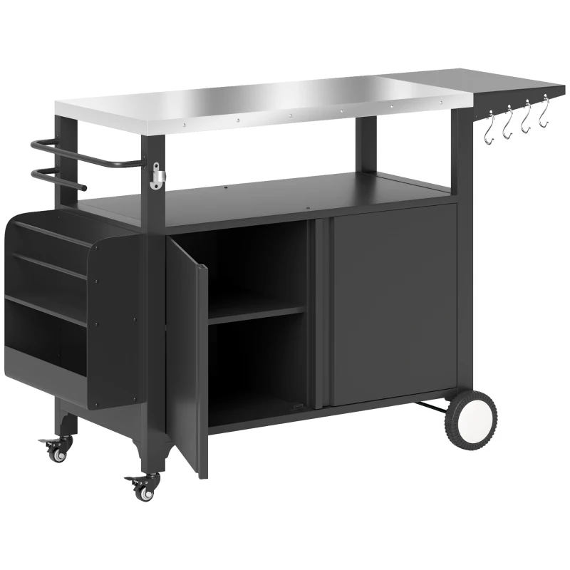 Outsunny Outdoor Grill Cart with Foldable Side Table, Stainless Steel Tabletop, Pizza Oven Stand with Storage Rack, Wheels