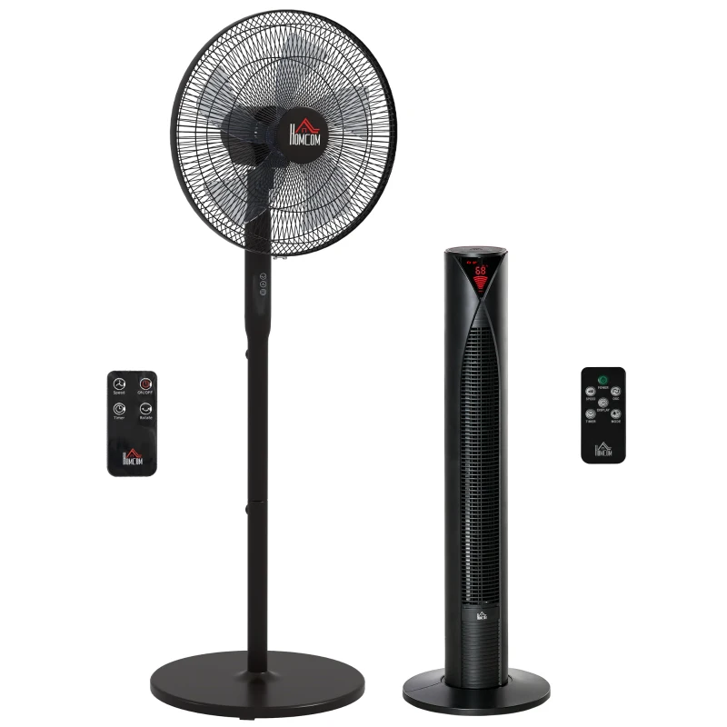 HOMCOM Tower Fan and 16" Pedestal Fan Set, with Remote Control, Height Adjustable, Tilted Head, Timer, Oscillating Standing Fan, Stand Floor Fans for Bedroom, Black