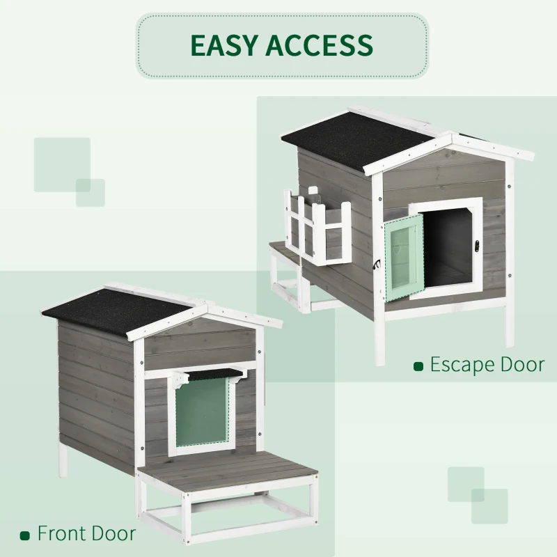 PawHut Wooden Cat House Outdoor with Door, Weatherproof 2-Floor Feral Cat Shelter with Asphalt Roof, Balcony, Dark Gray