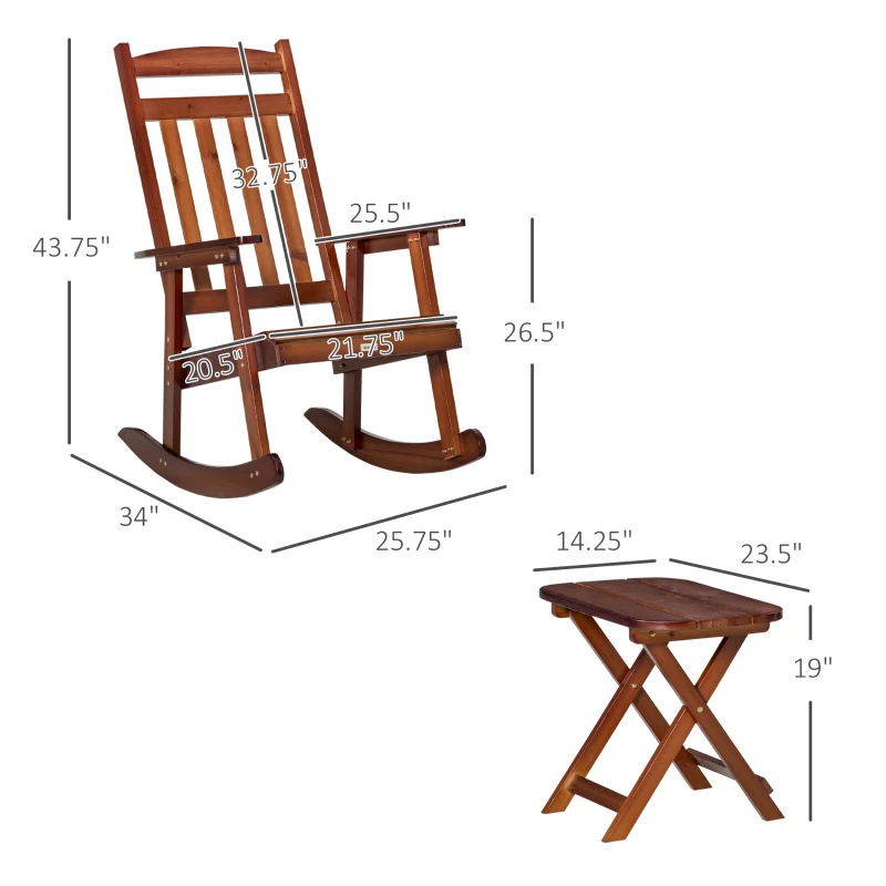 Outsunny 2 Pieces Wood Patio Bistro Set, Outdoor Rocking Chair Set with Armrests and High Back Rocking Chair and Portable Side Table, for Indoor, Outdoor, Patio, Backyard, Brown