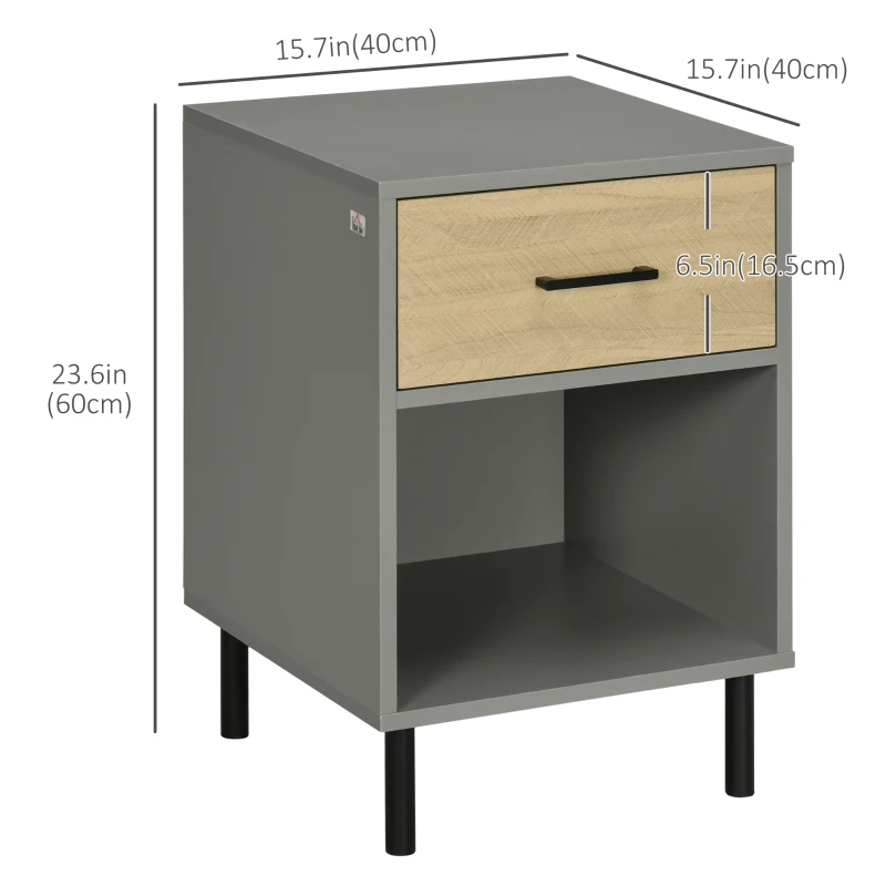 HOMCOM Nightstand Set of 2, Bedside Table with Drawers, Storage Shelf for Bedroom, Grey and Oak