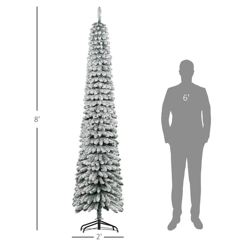 HOMCOM 8' Tall Unlit Slim Pencil Xmas Tree, Snow Flocked Artificial Christmas Tree with Realistic Branches and 603 Tips, Green