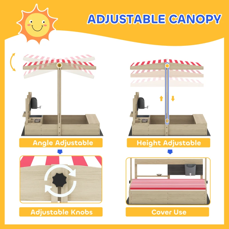 Outsunny Kids Sandbox with Cover Kitchen Playset Toys, Wooden Sand Box with Seat, Storage, for 3-7 Years Old, Natural Wood