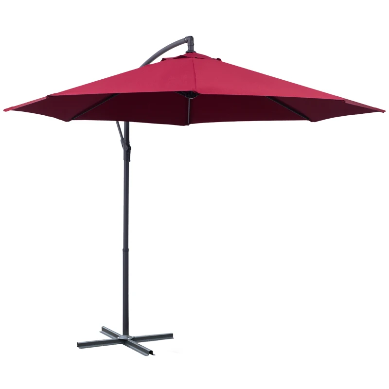 Outsunny 10' Deluxe Patio Umbrella, Outdoor Market Parasol, Banana Hanging Offset Sunshade with Crank, Cross Base, Wine Red