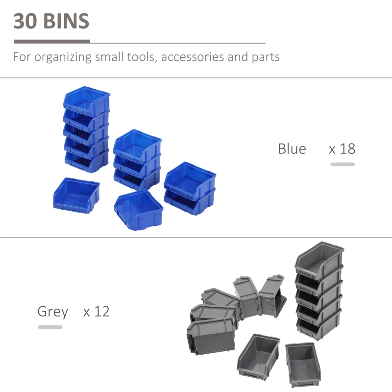 DURHAND Wall Mounted Storage Bin Rack Tool Organizer with 30 Bins, Pegboard for Garage Workshops Blue