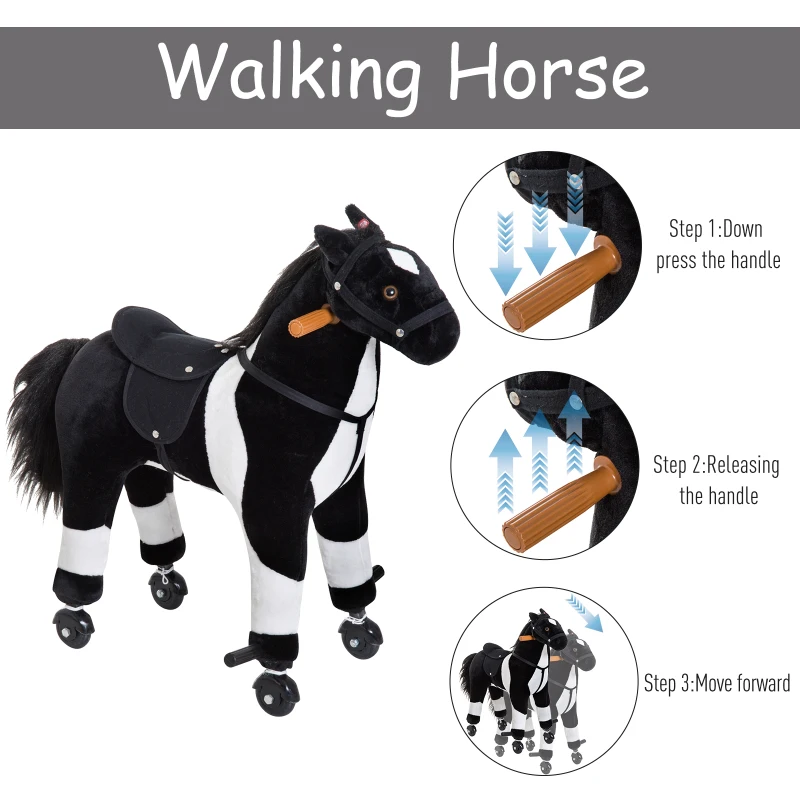 Qaba Kids Plush Ride On Toy Walking Horse with Wheels and Realistic Sounds, 30"H, Black