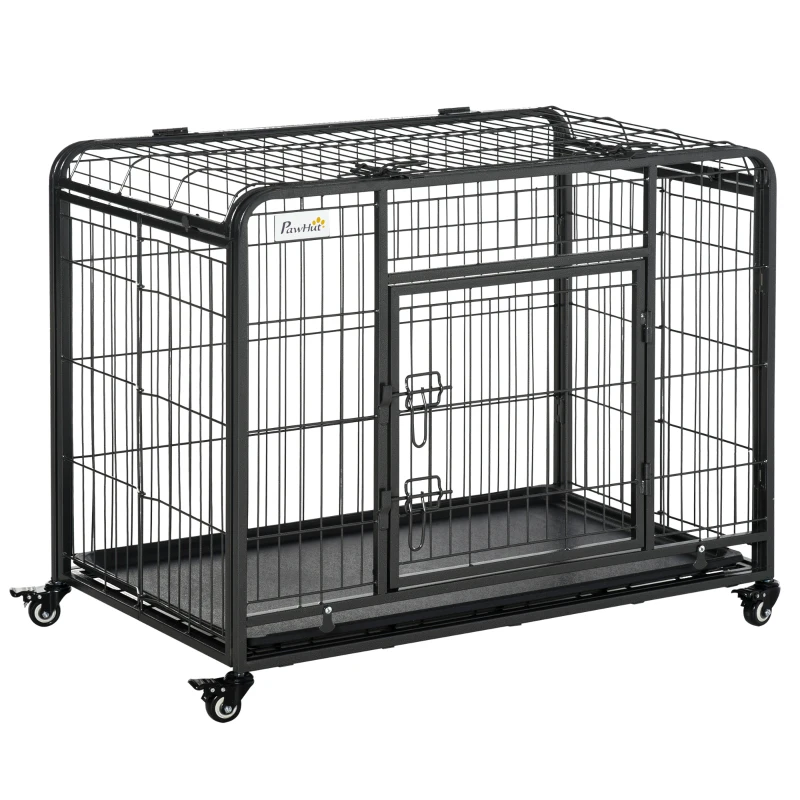 PawHut Folding Heavy Duty Dog Crate Heavy Duty Cage for Medium Sized Dogs with Double Doors, Lockable Wheels Tray, 37" x 23" x 27"