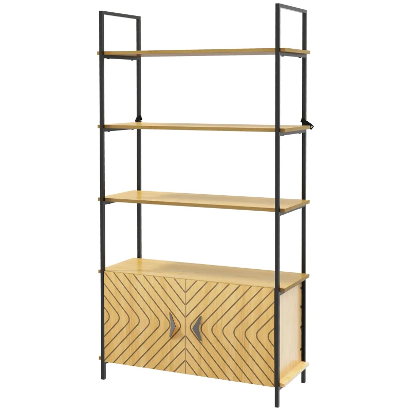 HOMCOM 4-Tier Bookshelf with Double Door Cabinet, Industrial Bookcase, Shelving Unit with Open Shelves and Metal Frame for Living Room, Oak
