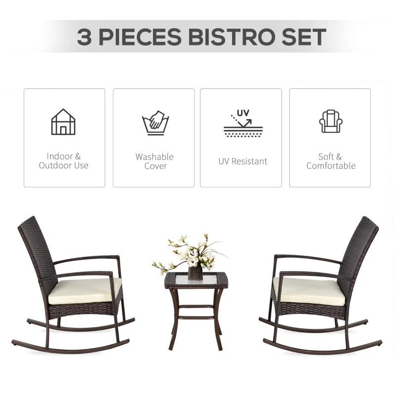 Outsunny 3 Pieces Patio Wicker Rocking Chair Set,  Outdoor PE Rattan Bistro Set Conversation Rocker Set with 2 Chairs 1 Coffee Table for Backyard, Deck, Poolside, Cream White