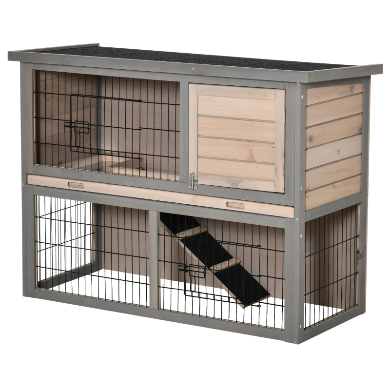 PawHut 2-tier Wood Rabbit Hutch Backyard Bunny Cage Habitat Small Animal House w/ Ramp, Slide Out Tray and Outdoor Run, Light Grey