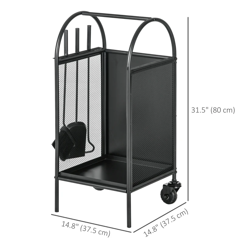 Outsunny 15" Outdoor Firewood Rack with Wheels and Tools, Heavy Duty Wood Storage Stacker, Indoor Outdoor Log Rack, Black