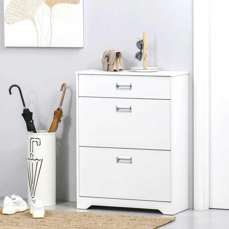 HOMCOM Narrow Shoe Storage with Drawer, 2 Flip Doors and Adjustable Shelves, Shoe Cabinet for 16 Pairs of Shoes, White