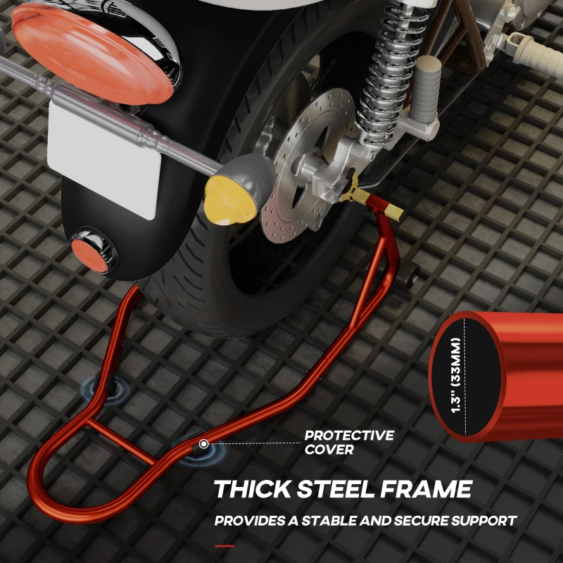 HOMCOM Motorcycle Rear Wheel Stand, Universal Motorcycle Lift with Adjustable U + L Swingarm Spool, Red