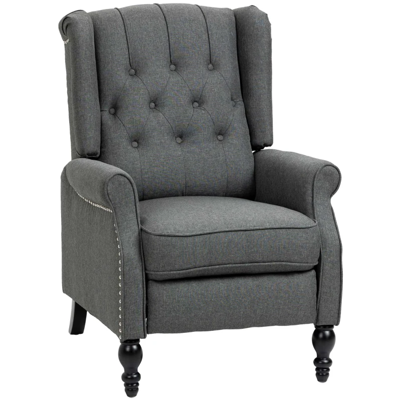 HOMCOM Fabric Recliner Chairs for Living Room, Push Back Reclining Chair with Wingback, Button Tufted, Nail Head Trim, Footrest, Dark Grey