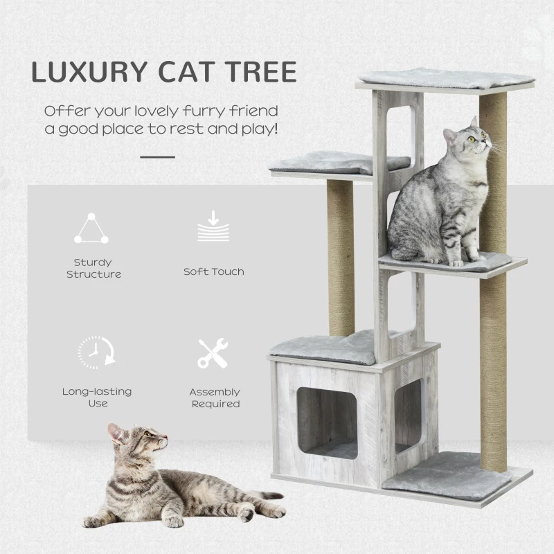 PawHut 45" Deluxe Plush Cat Tree Tower Activity Center Climbing Frame Kitten Play House with Jute Scratching Posts Condo Perch Cushion Grey