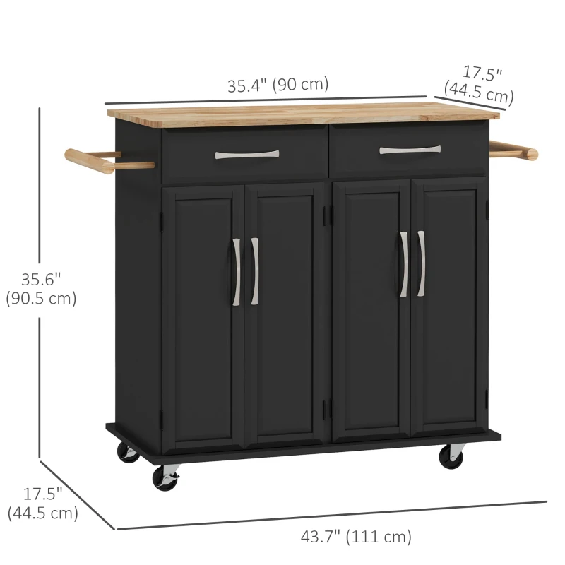 HOMCOM Kitchen Island on Wheels with Rubberwood Top, Rolling Kitchen Cart with 2 Drawers, 4 Doors and Adjustable Shelves