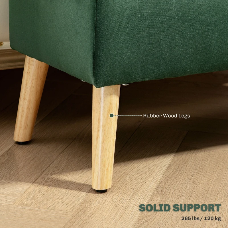 HOMCOM Storage Ottoman with Lid, Velvet Upholstered Storage Bench with Wood Legs for Living Room, Dark Green