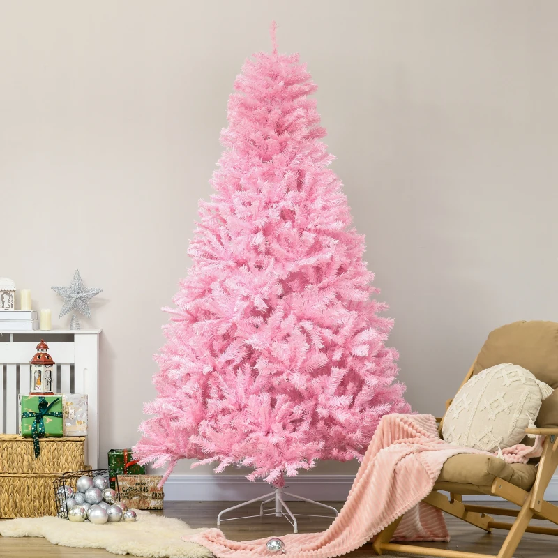 HOMCOM 7' Artificial Pink Christmas Trees, with Auto Open, Steel Base, Wide Shape for Indoor Xmas Decoration