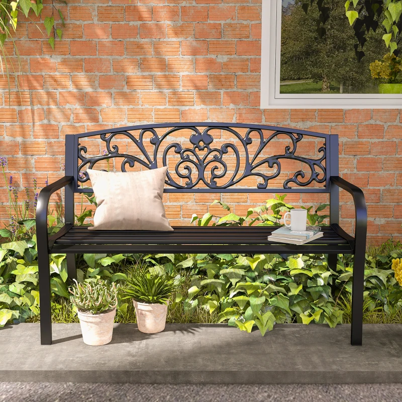 Outsunny 50" Outdoor Bench, Metal Garden Bench with Floral Pattern Backrest, Porch Bench with Slatted Seat for Park, Yard, Lawn, Black