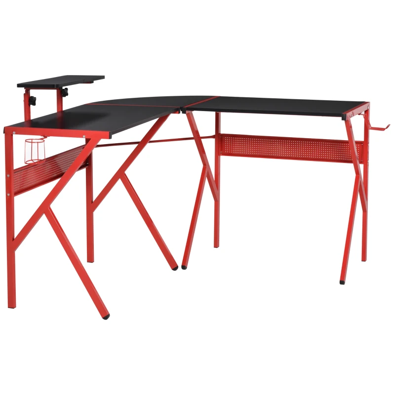 HOMCOM Gaming Desk, L-Shaped Corner Computer Table for Home Office, Workstations with Adjustable Monitor Stand Cup Holder Headphone Hook 49.25" x 49.25" x 29.5" Red
