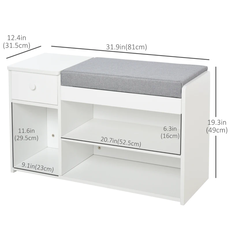 HOMCOM Shoe Bench with Storage, Modern Upholstered Entryway Bench with Shelves, Drawers and Table Top for Living Room, Hallway, White