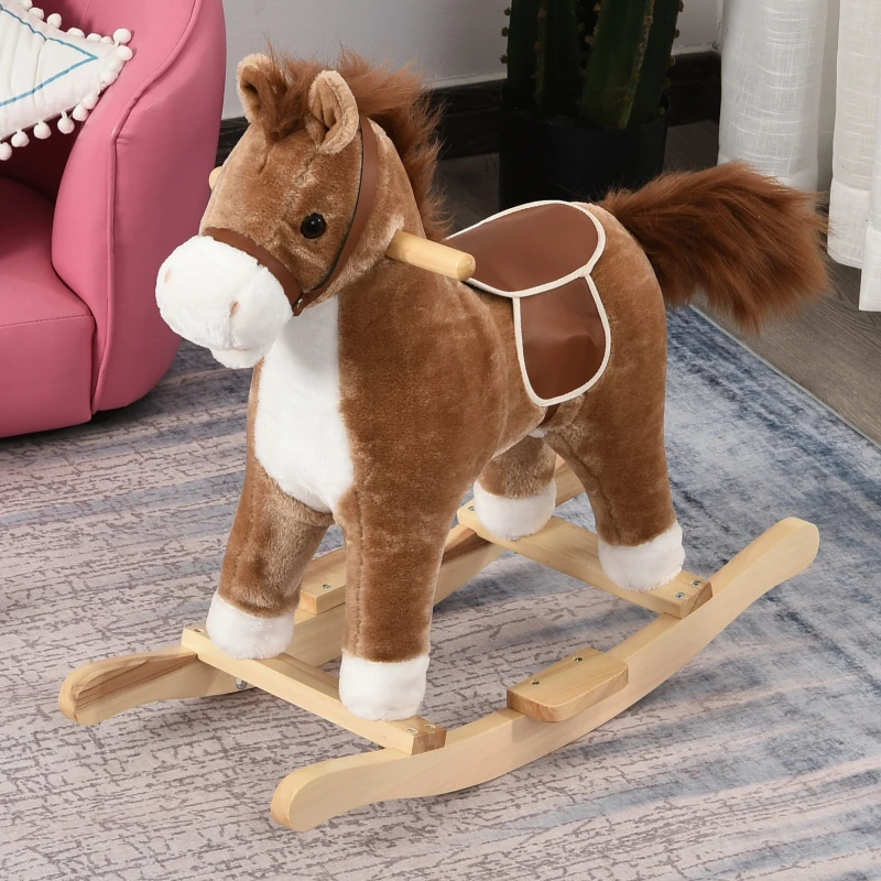 Qaba Kids Rocking Horse Plush Animal on Wooden Rockers with Sounds, Wooden Base, Baby Rocking Chair, Brown