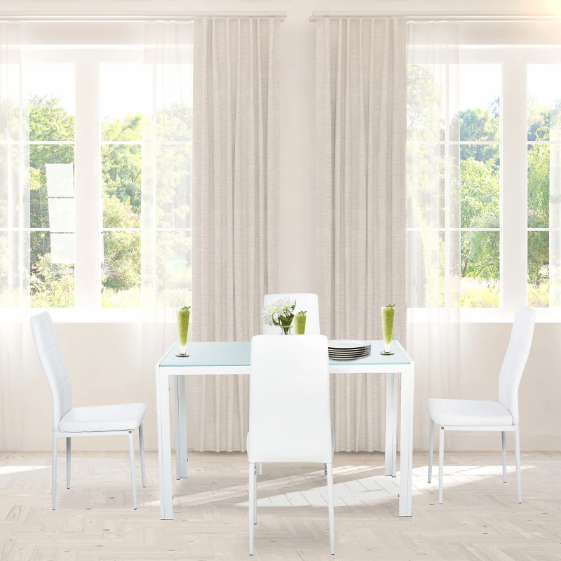 HOMCOM 5-Piece Rectangular Glass Kitchen Table and Chairs with Metal Frame and Faux Leather Upholstery for Dining Room, White
