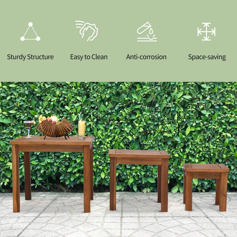 Outsunny 3 Piece Outdoor Side Nesting Table Patio Set with Acacia Wood Build & Multi-Functional Design