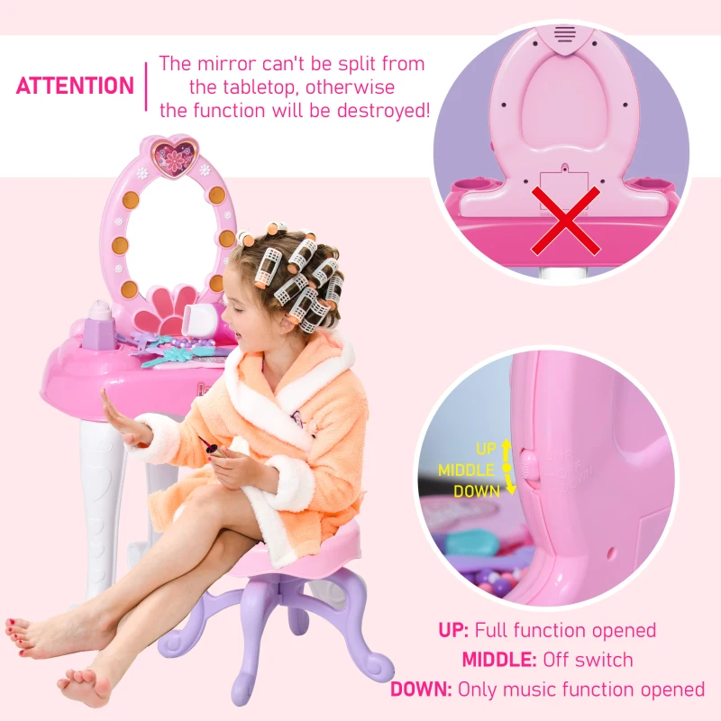 Qaba Kids Vanity Table and Chair Beauty Pretend Play Set with Mirror Lights Sounds & Pretend Beauty Makeup Accessories for Girls 3+ Years Old