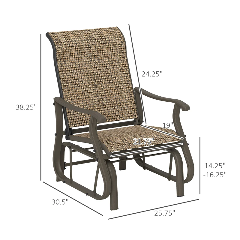 Outsunny Outdoor Glider Chair Patio Glider Swing Chair with Mesh Seat, Steel Frame for Backyard, Garden, Porch, Light Mixed Brown