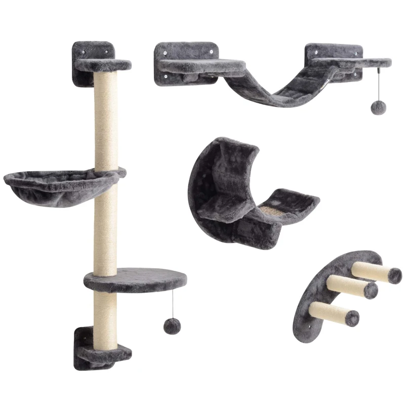 PawHut Cat Wall Shelf with Scratching Post, Play Balls, Platforms, Dark Grey
