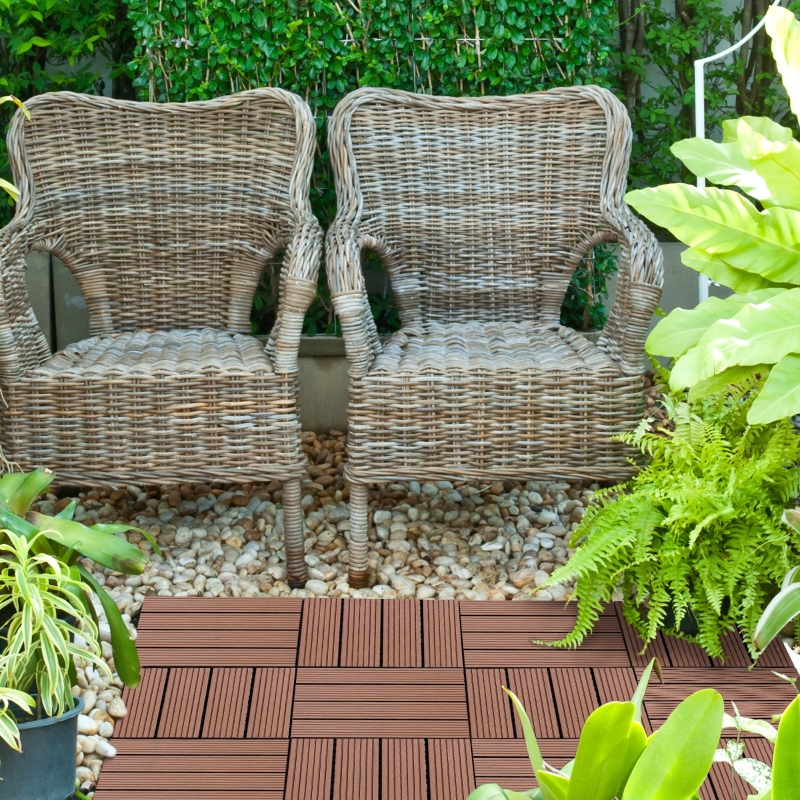 Outsunny 11 Pcs Plastic Interlocking Deck Tiles, 12" x 12" Non-slip Flooring Tiles for Indoor Outdoor Patio Balcony, Light Brown
