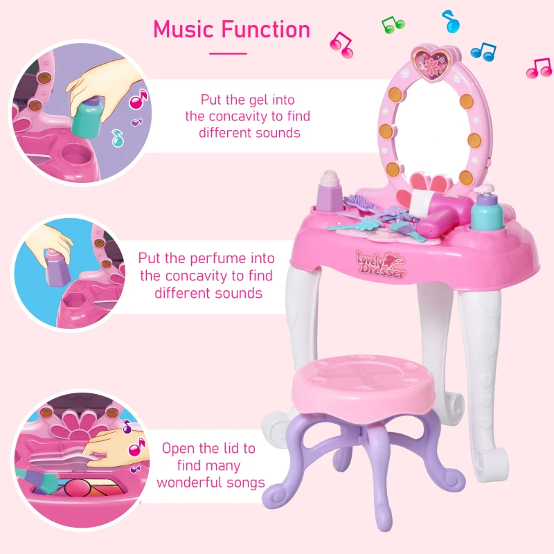 Qaba Kids Vanity Table and Chair Beauty Pretend Play Set with Mirror Lights Sounds & Pretend Beauty Makeup Accessories for Girls 3+ Years Old
